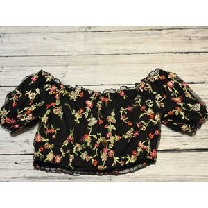 Ambiance Black Mesh Floral Embroidered Lined Crop Top Size XL Cottage Core Fairy